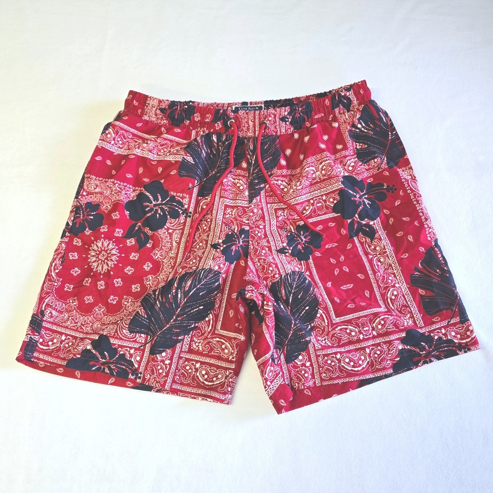 Club‎ Room Mens Red Bandana Tropical Hibiscus Print Swim Trunks Size Medium